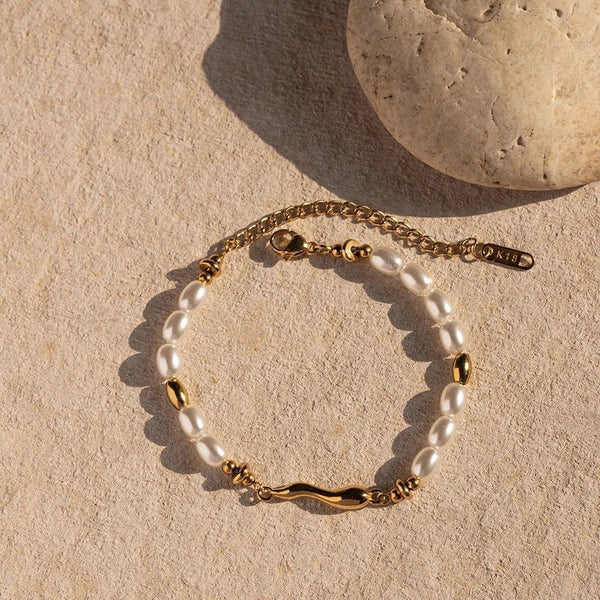 18kt Gold Plated Glass Pearl Beads Chain Bracelet, Harper - Inaya Accessories
