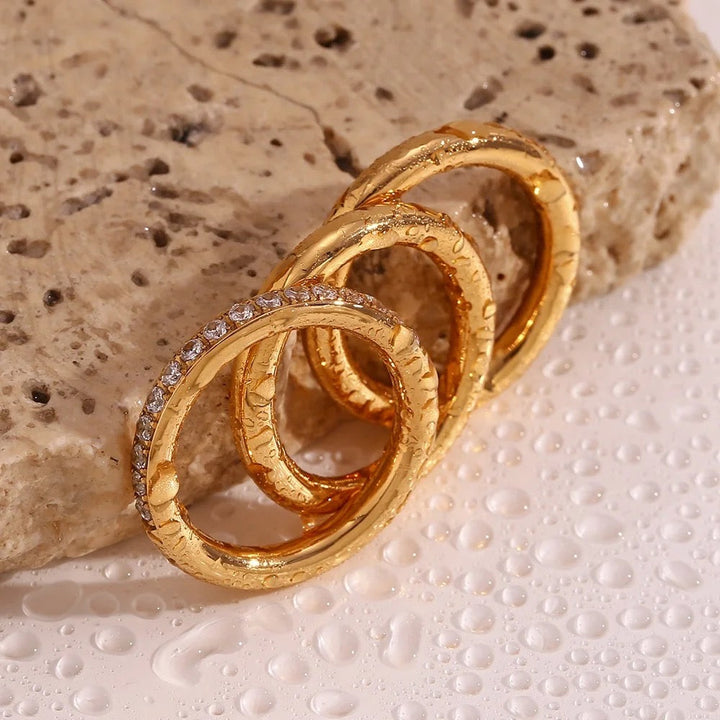 18Kt Gold Plated Set Of 3 Stackable Rings, Plain and Zircon Studded, Caroline - Inaya Accessories