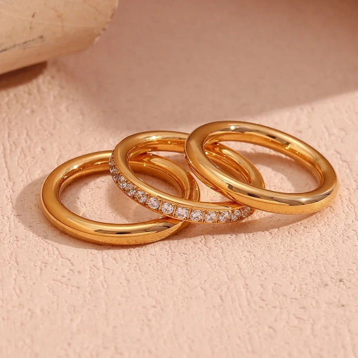 18Kt Gold Plated Set Of 3 Stackable Rings, Plain and Zircon Studded, Caroline - Inaya Accessories