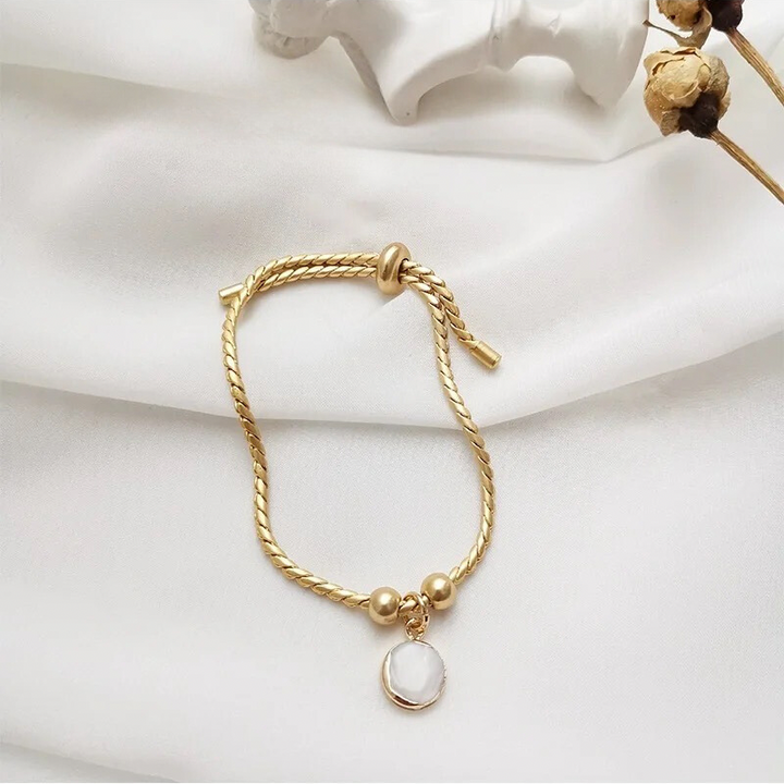 18kt Gold Plated Snake Twist Chain White Shell Adjustable Bracelet, Alma - Inaya Accessories