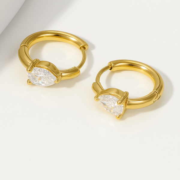 18kt Gold Plated Demi Fine White Zircon Water Drop Piercing Huggie Earrings, Paige