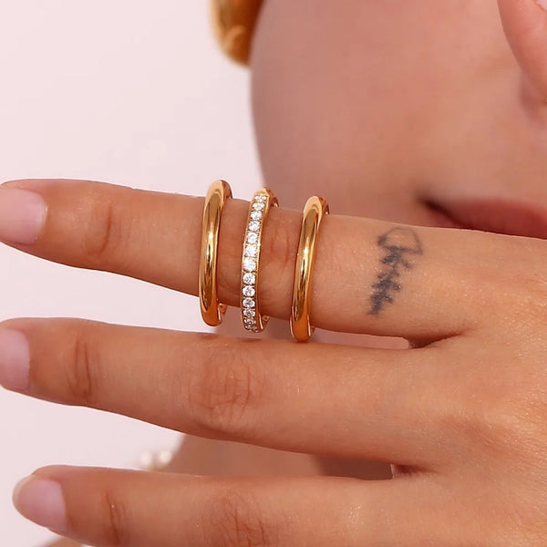 18Kt Gold Plated Set Of 3 Stackable Rings, Plain and Zircon Studded, Caroline - Inaya Accessories