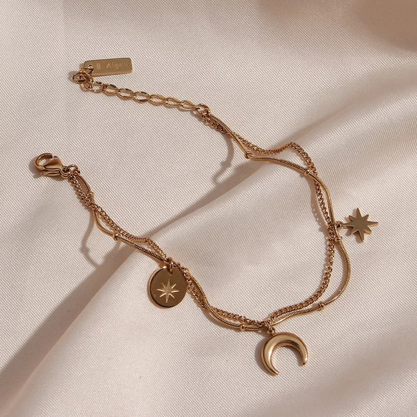 18Kt Gold Plated moon and stars charmed double layered necklace