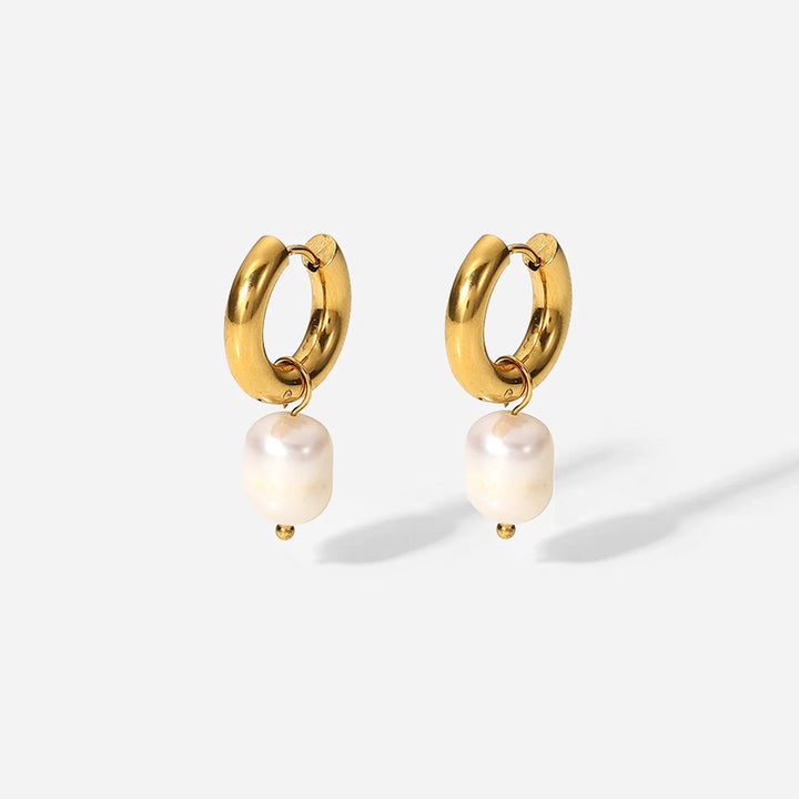 18kt Gold Plated Stainless Steel Freshwater Pearl Drop Earrings, Mukta - Inaya Accessories
