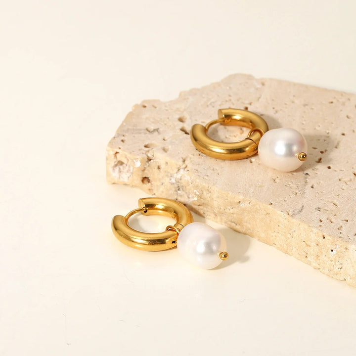 18kt Gold Plated Stainless Steel Freshwater Pearl Drop Earrings, Mukta - Inaya Accessories
