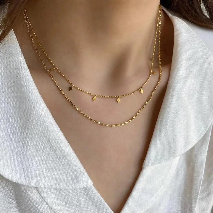 18kt Gold Plated Double Layered Beaded Diamond Necklace, Mia - Inaya Accessories