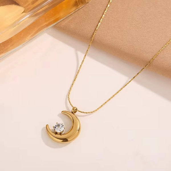 18kt Gold Plated Statement Crescent Moon Zircon Necklace, Coral
