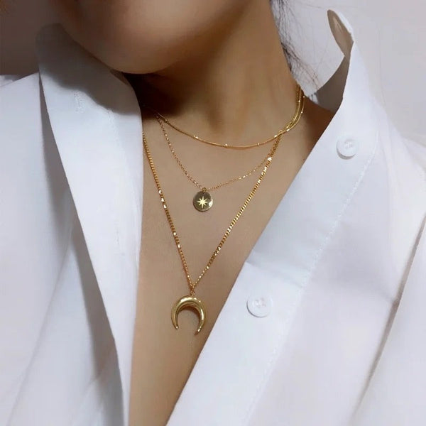 18Kt Gold Plated moon and star charmed triple layered necklace