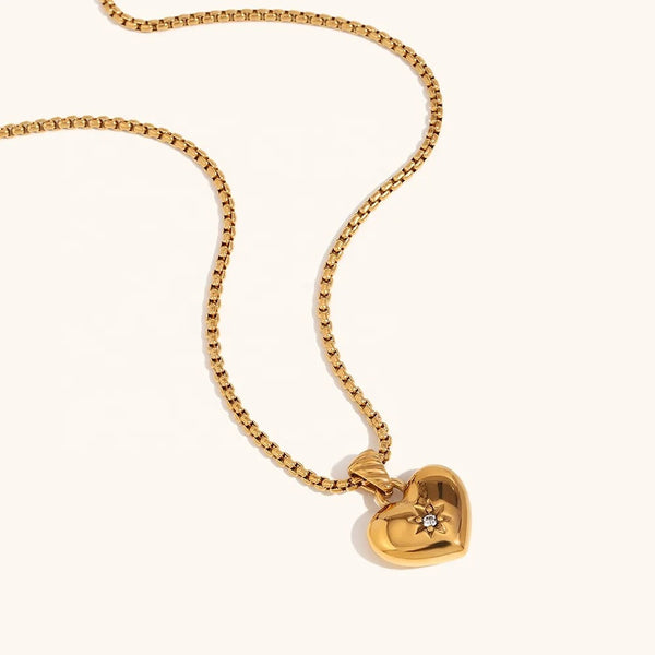 18kt Gold Plated Zircon Heart Lock Pendant Necklace With Rope Chain, Sage