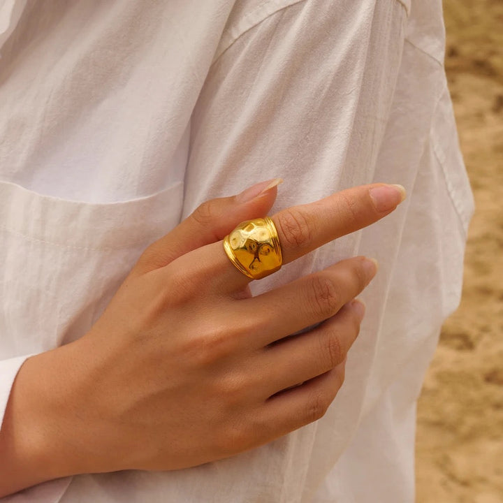 18kt Gold Plated Hammered Statement Open Ring, Pebble - Inaya Accessories