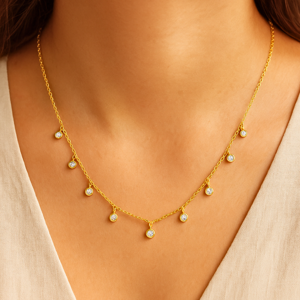 18KT Gold Plated Round Zircon Stainless Steel Waterproof Choker Necklace, Fiona