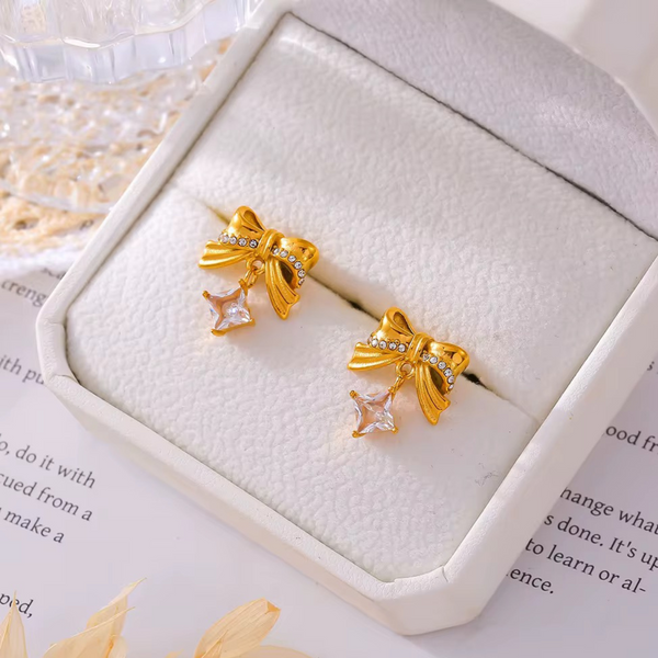18KT Gold Plated Statement Bowtie and rhinestone Stainless Steel Waterproof Earrings, Matilda