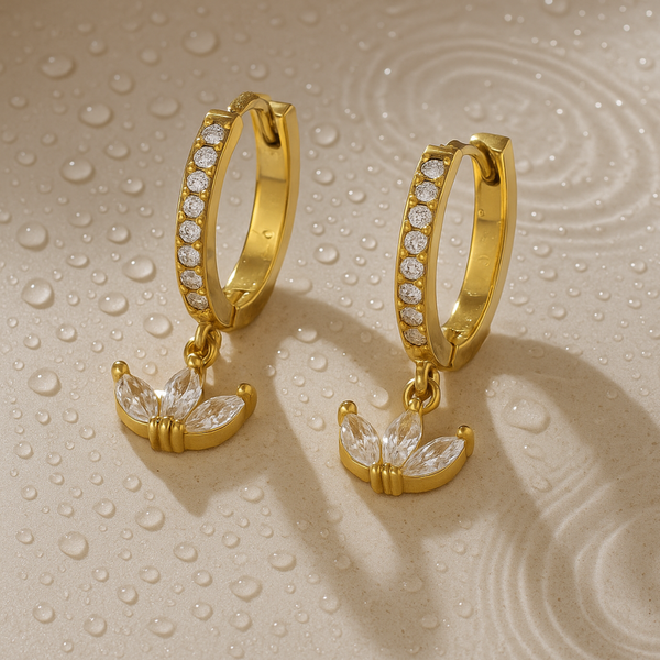 18KT Gold Plated Three petal floral Charm Stainless Steel Waterproof Earrings, Orchid