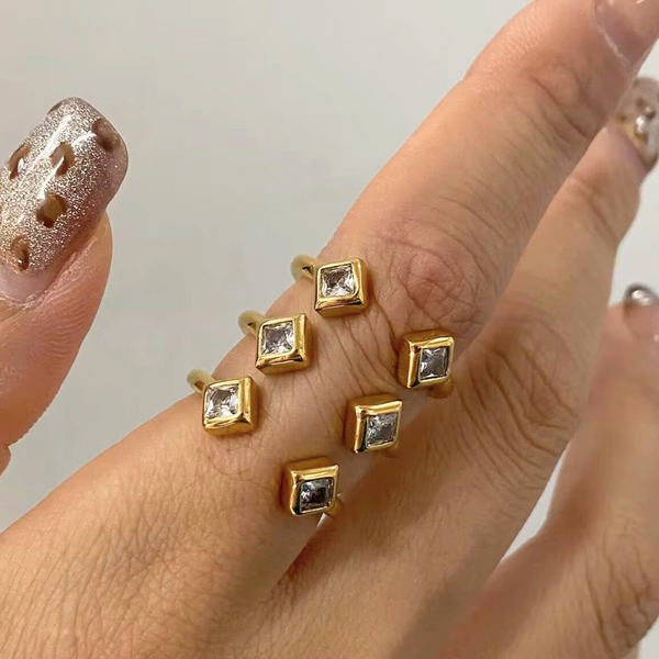 18KT Gold Plated Statement 3 Stack Square Stone Stainless Steel Waterproof Ring, Paris