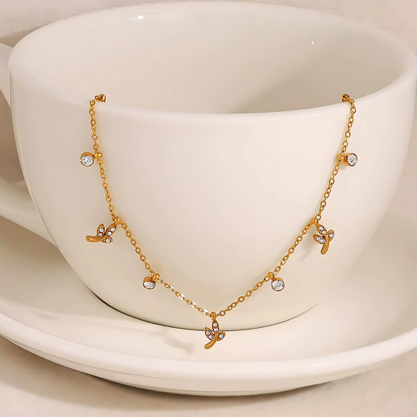 18KT Gold Plated Leaf and Flower Diamond Choker Stainless Steel Waterproof Necklace, Tulip