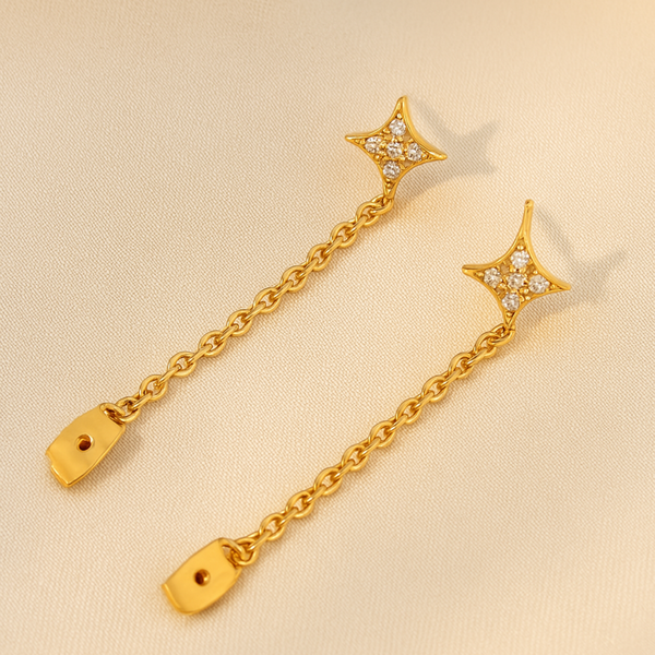 18kt Gold Plated Demi Fine White Zircon Shining Star Piercing Chain Earrings, Quinn