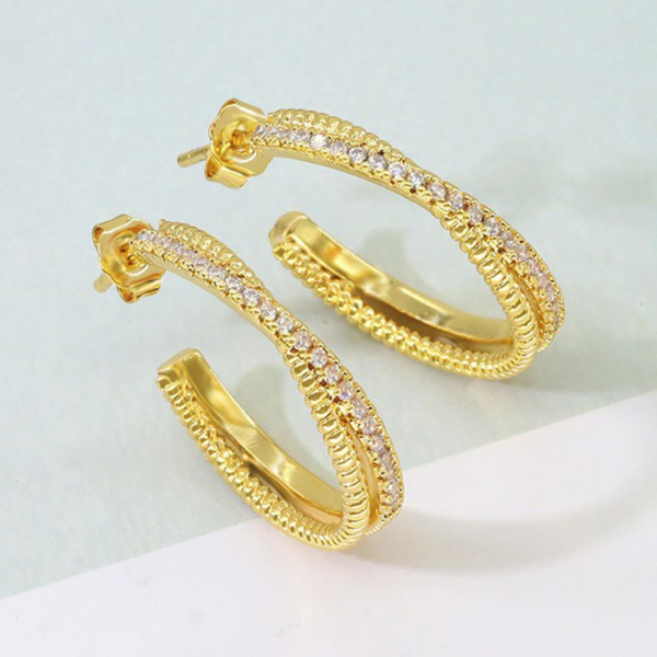 18kt Gold Plated Dual Bar Cubic Zirconia Studded Statement Hoops, Aria