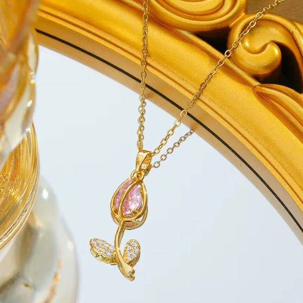 18kt Gold Plated Tulip Flower Cubic Zirconia Studded Dainty Necklace, Harlow