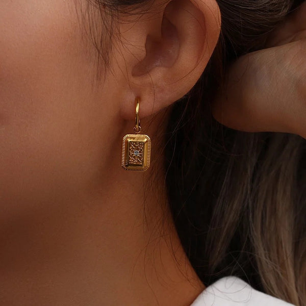 18Kt Gold Plated rectangular diaomond embedded star earrings