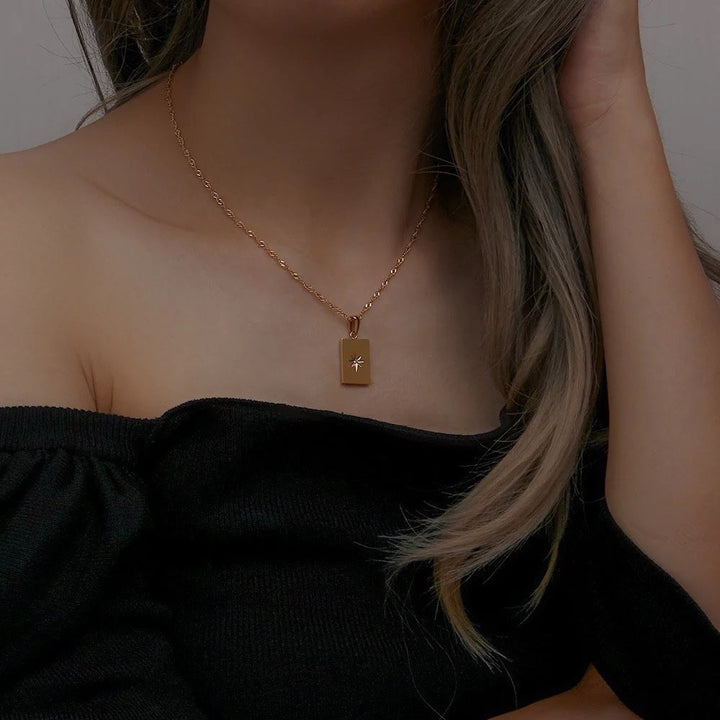 18KT Gold Plated Rectangle Zirconia Necklace, Maria - Inaya Accessories