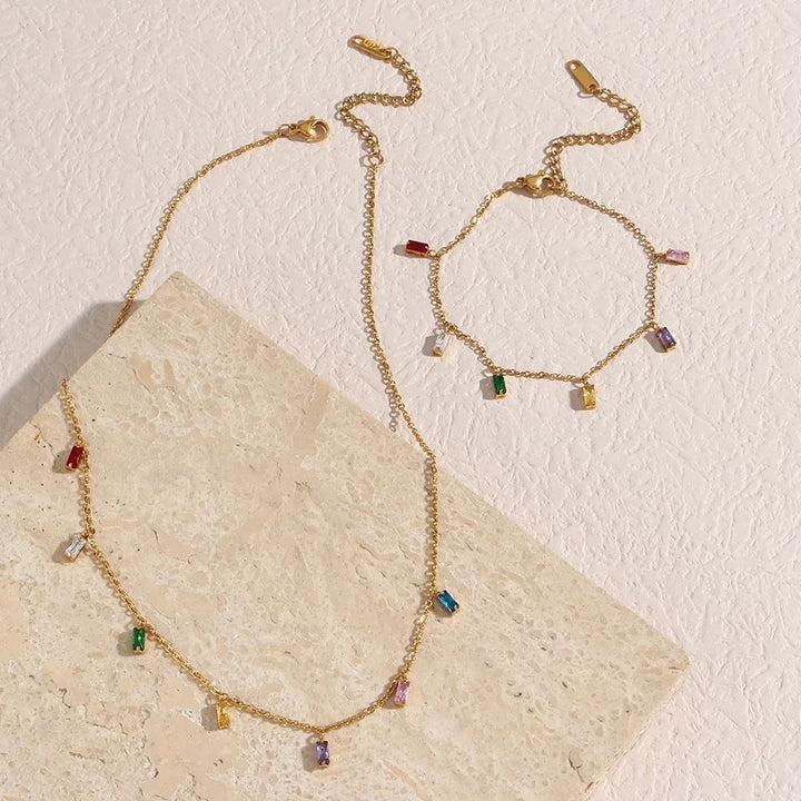 18KT Gold Plated Rainbow Rhinestone Necklace, Sara - Inaya Accessories