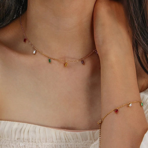 18Kt Gold Plated multi coloured rhinestone necklace