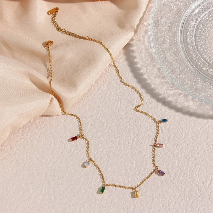 18KT Gold Plated Rainbow Rhinestone Necklace, Sara - Inaya Accessories